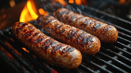 Fototapeta premium Cinematic Close-Up of Grilled Sausages on a Barbecue with Flames – High-Resolution Food Photography with Intense Detail and Flavor