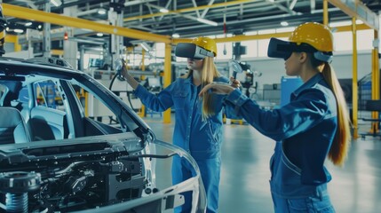 Fototapeta premium Factory workers in VR headsets, engaged in a high-tech automotive assembly process, epitomize the integration of virtual reality in modern manufacturing.