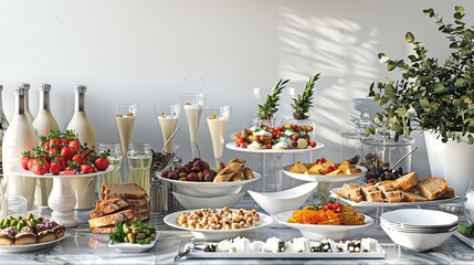 Naklejka premium white buffet table set up for a party, with a variety of dishes and beverages, ready to serve guests.
