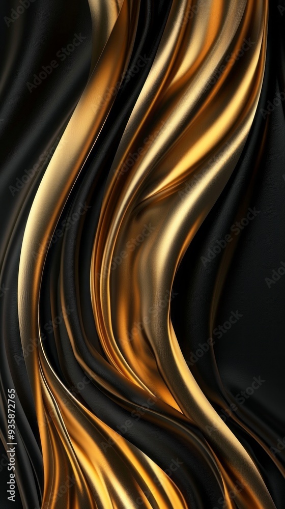Poster rich golden satin fabric flows gracefully against a deep black background, showcasing its luxurious 