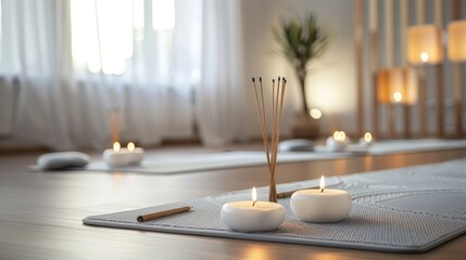 white table in a serene yoga studio, holding candles and incense, creating a peaceful ambiance for relaxation and meditation.