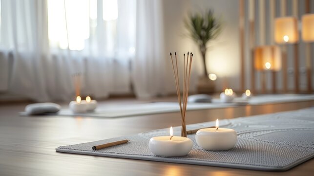 white table in a serene yoga studio, holding candles and incense, creating a peaceful ambiance for relaxation and meditation.