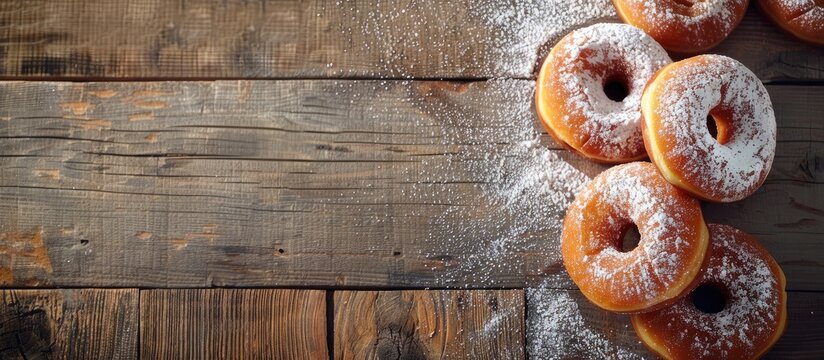 Homemade donuts lush and sweet dusted with powdered sugar on a wooden surface. Copy space image. Place for adding text and design