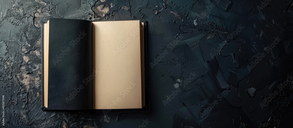 Poster open a blank square notebook on a black paper background. copy space image. place for adding text an