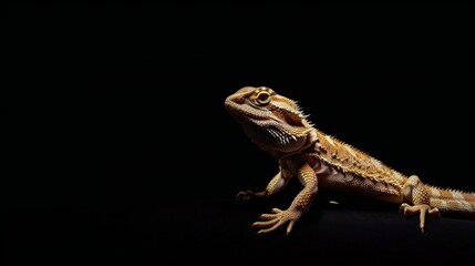 A bearded dragon stands poised against a pitch-black background, its rough texture illuminated dramatically by light, creating a striking contrast.