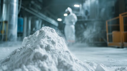 Fototapeta premium Mound of white powder in an industrial setting, suggesting production or manufacturing, with a worker in the background.