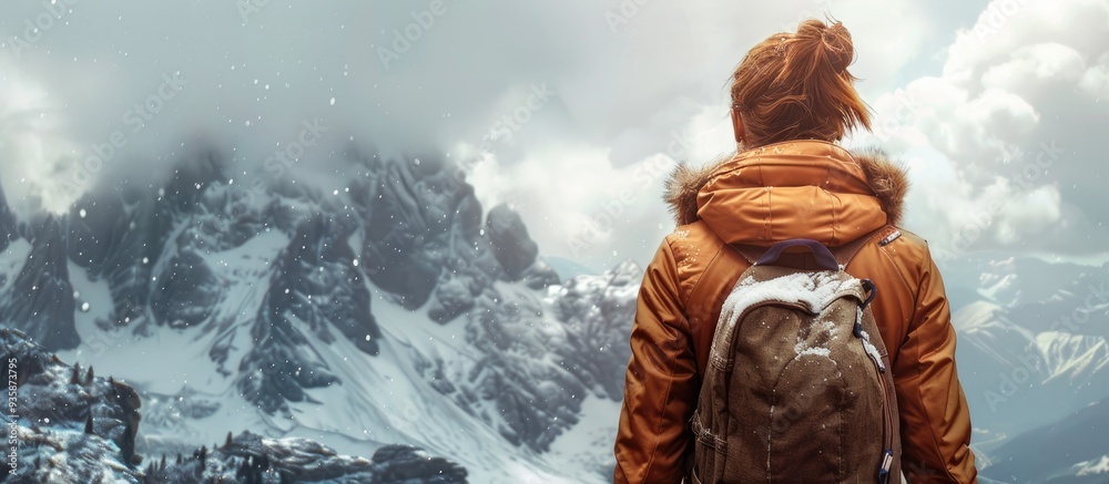 Fototapete mountain woman a mobile link to freedom and adventure in the outdoors. copy space image. place for a
