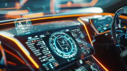 A futuristic vehicle dashboard illuminated with vibrant neon lights, showcasing high-tech screens and holographic displays for an immersive driving experience.