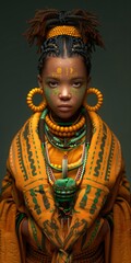 Fototapeta premium 3d rendering of an African Shaman; character for metaverse, a young woman with colorful body paint wearing an orange and green patterned dress and numerous necklaces and bracelets
