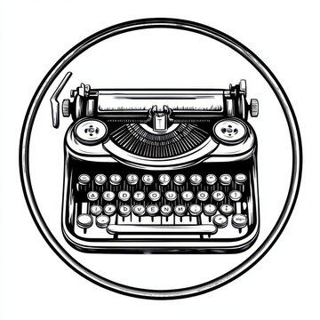 Black and white flat vector art illustration of a typewriter in a circular stamp logo style, svg design, isolated on white background, simple vector art design