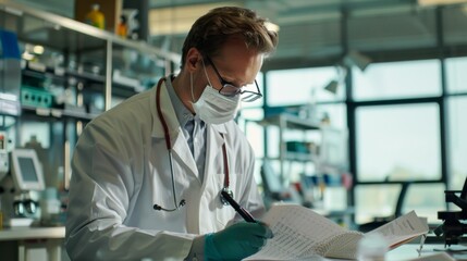 A dedicated scientist, wearing a mask and lab coat, intensely examines a document in a modern laboratory, emphasizing precision and analytical skills in a clinical setting.