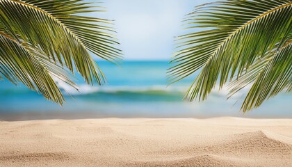 Fototapeta premium seascape with palm branches and clean sand in the foreground