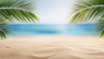 seascape with palm branches and clean sand in the foreground