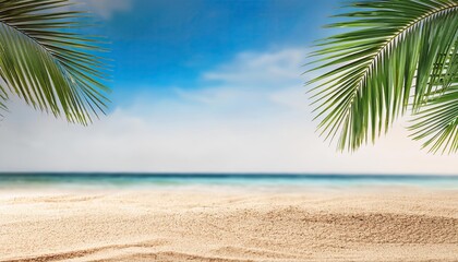 seascape with palm branches and clean sand in the foreground