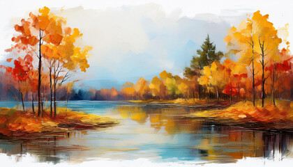 Textured oil painting of autumn scenery. Orange trees. Beautiful natural landscape. Hand drawn art