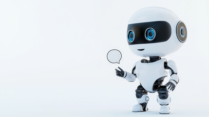 Friendly Robot Holding a Speech Bubble, Ready to Chat - A small, white robot with blue eyes holds a speech bubble, ready to communicate and engage in conversation. This image symbolizes artificial int