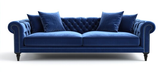 Blue Velvet Sofa with Tufted Backrest and Pillows
