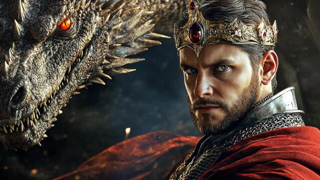 Medieval king against the backdrop of a mythical dragon monster