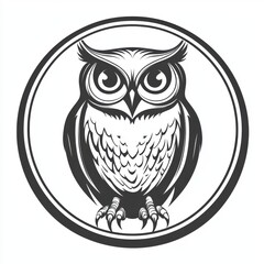 Fototapeta premium Black and white flat vector art illustration of an owl in a circular stamp logo style, svg design, isolated on white background, simple vector art design