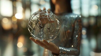 A person delicately holds a geometric sphere, capturing the essence of futuristic artistry amid a backdrop of soft, warm light.