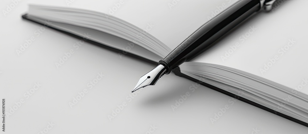Poster close up of a pen and an open notebook. copy space image. place for adding text and design