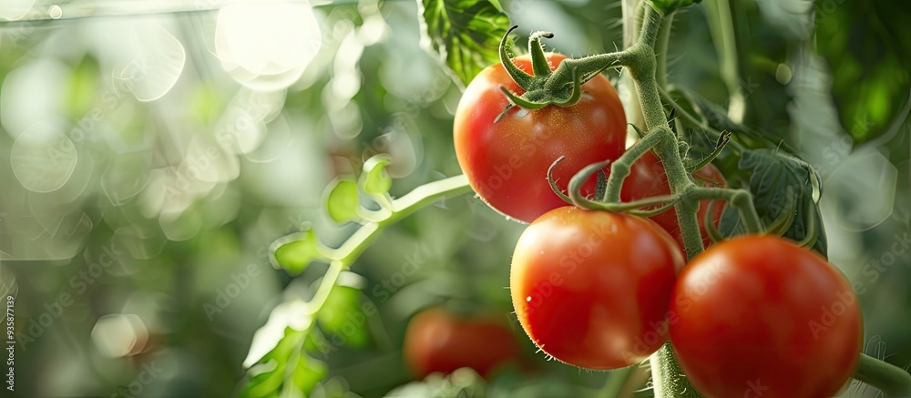 Sticker Ripe natural tomatoes thriving in a greenhouse Copyspace