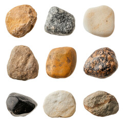 A collection of unique stones isolated on a white background.