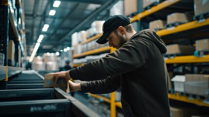 Fototapeta premium A warehouse worker efficiently organizing packages on shelves in a spacious, industrial setting, illustrating diligence and productivity.