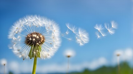 Dandelion flower with seeds flying away by wind at blue sky landscape background