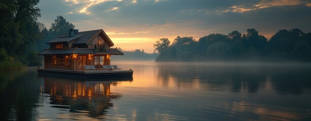 Fototapeta premium Comfy wooden houseboat in evening twilight on lake, dusk sky. Soft sunlight gracefully illuminates casting dreamlike glow.