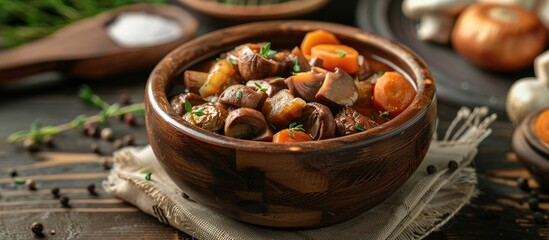 A bowl of stewed mushrooms and vegetables on a table with selective focus and copyspace