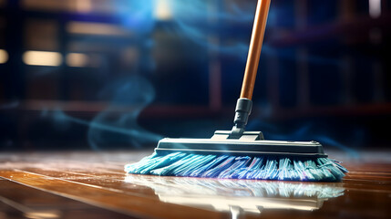 A dynamic action shot of a mop gliding across a sparkling floor,
