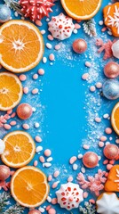 Bright Christmas cookies, orange slices, and ornaments arranged on a vibrant blue background. Ideal for holiday food photography and seasonal decor.