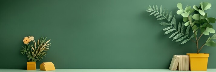 Green Wall with Yellow Flower Pot and Books - A green wall with a yellow flower pot and books. The yellow flower pot is near the left edge of the image, while the books are near the right edge. There 