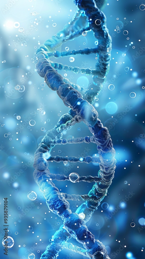 Poster this spiral of blue dna double helix is captivating, surrounded by shimmering bubbles, highlighting 