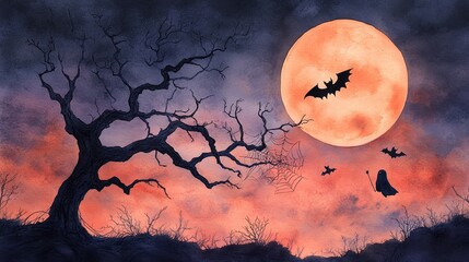 Halloween Night with Full Moon and Bats - A spooky Halloween scene with a full orange moon, a bare tree, and bats flying in the night sky. It's a perfect illustration for Halloween, the supernatural, 