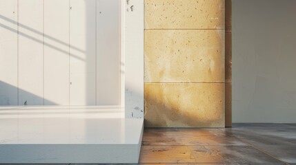 A serene architectural scene with a play of light and shadow on a minimalist wall, contrasting textures, and clean lines.