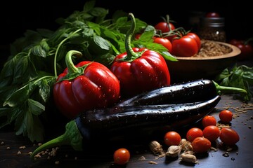 Eggplant with tomatoes, peppers on the wood and cut, Lay Lay., generative IA