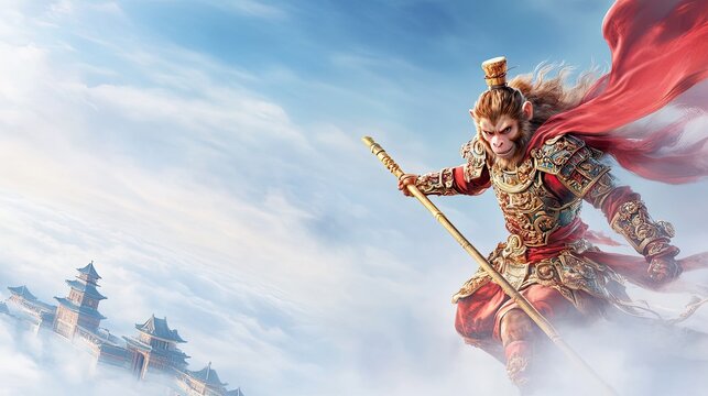 The Monkey King Sun Wukong in Battle, Symbolizing Bravery and Power in Chinese Mythology

