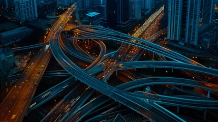 An intricate network of highways and overpasses lit up during twilight, showcasing the complexity and connectivity of urban infrastructure.