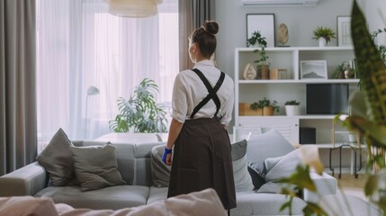 A woman in an apron looks after houseplants in a well-decorated, sunlit living room, embodying care and meticulousness.