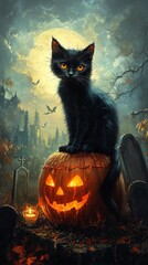 Fototapeta premium Black cat sitting on glowing pumpkin in cemetery at night