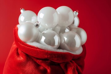 White Christmas baubles inside Santa bag isolated on background