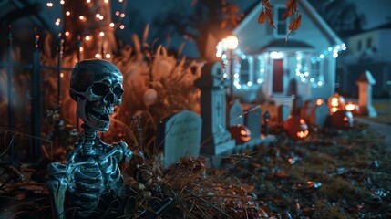 Skeleton yard with haunted ambiance and gravestones for Halloween decor