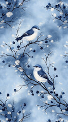 Painted serene winter scene with delicate branches covered in frost and small snowflakes on a soft gradient blue background. Small white winter birds sit on the branches