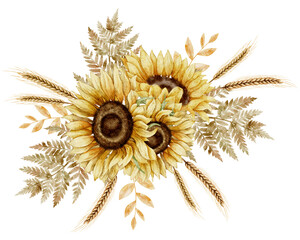 Sunflowers with spikelets and autumn leaves. Watercolor illustration of fall Flowers and wheats in orange and yellow colors for harvest festival greeting cards or floral wedding invitations.