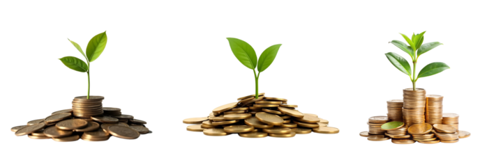Set of Pile of coins with a growing plant on top symbolizing financial growth isolated on transparent background