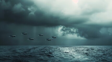 Six fighter jets fly across a brooding sky over a restless sea, their symmetrical formation adding to the organized intensity of the scene.
