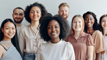 Obraz premium A diverse group of people stands together, smiling warmly, embodying unity and inclusivity, captured in a brightly lit and welcoming setting.