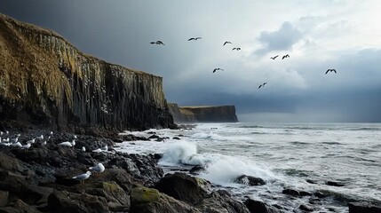 Obraz premium Rugged Rocky Coastline with Crashing Waves, Dark Storm Clouds Gathering, and Seagulls Flying Overhead. AI generated illustration